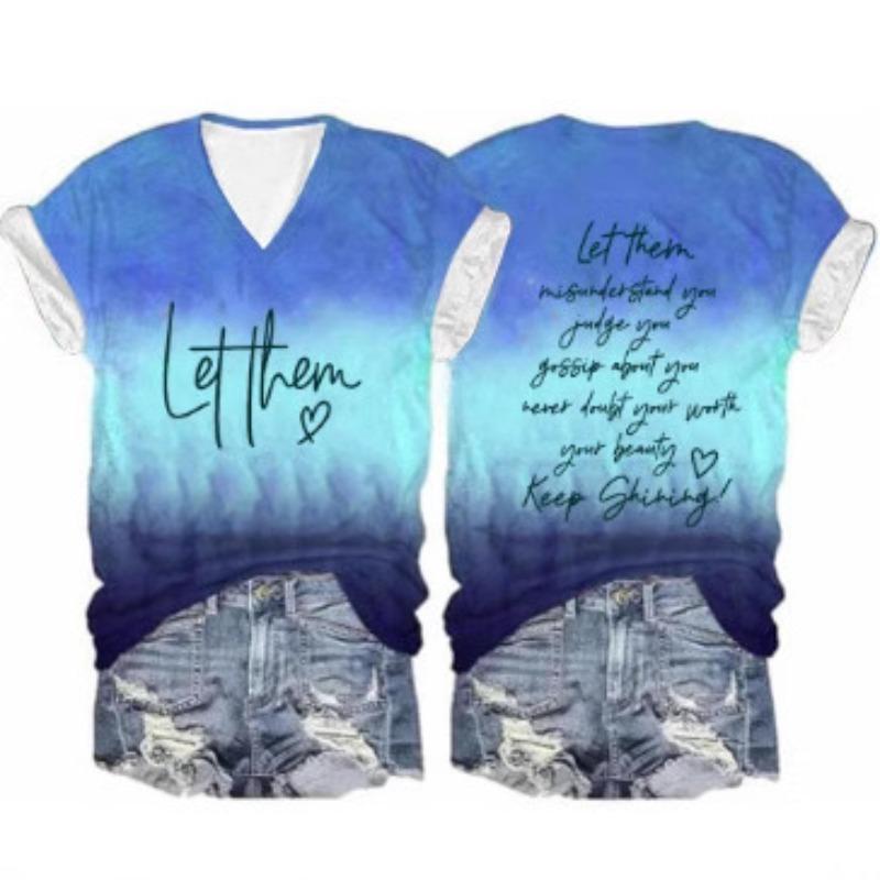 Letni top z dekoltem w serek i nadrukiem litery 3D Modne casualowe damskie T-shirty z krótkim rękawem