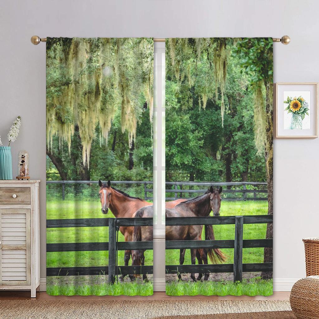 3D Digital Printed Horse Black White Polyester Lightweight Shading Window Panel Curtain designed for Kids Living Room Bedroom Bathroom Decor Hooks