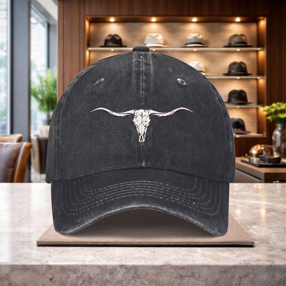 A Fashionable Baseball Cap Showcasing a LongHorned Skull Motif Ideal for Everyone This Premium Adaptable Cap Is Great for Re