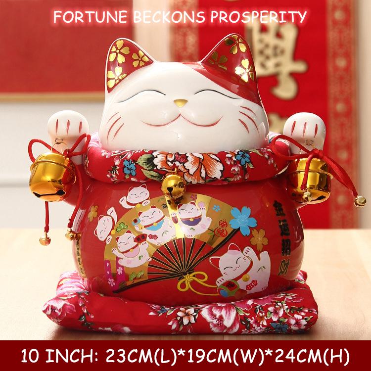 10 inch Ceramic Lucky Cat Money Bank Maneki Neko Fortune Cats Porcelain Happy Smiling Cat Figures Feng Shui Decor Ornament