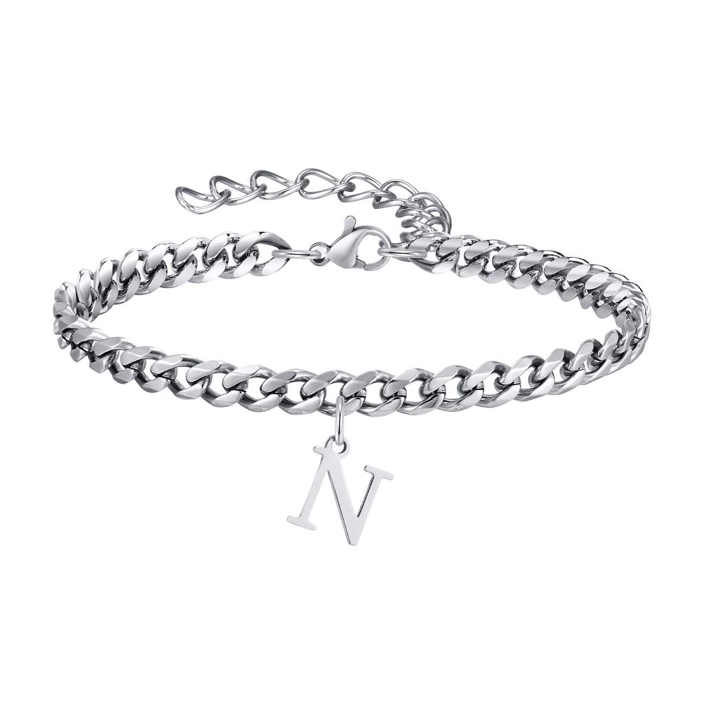 Mens Initials Cuban Links Bracelets,Stainless Steel A-Z 26 Letters Alphabet Charm Chain Wristband Adjustable,Casual Jewelry Gift