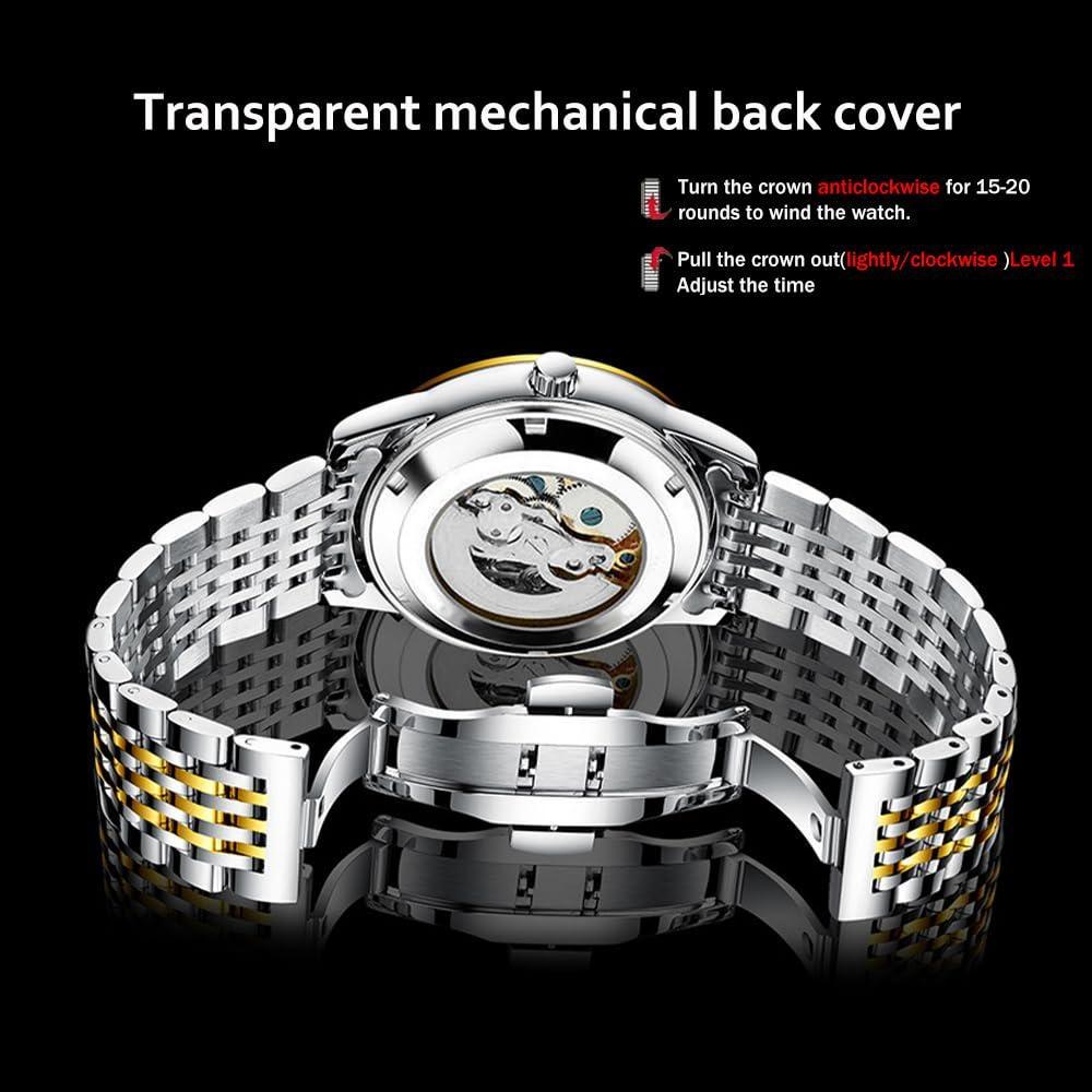 Automatic Self-Wind Men's Watch Luxury Business Dress Watches with Date Display Steel Bracelet Waterproof Luminous Hands