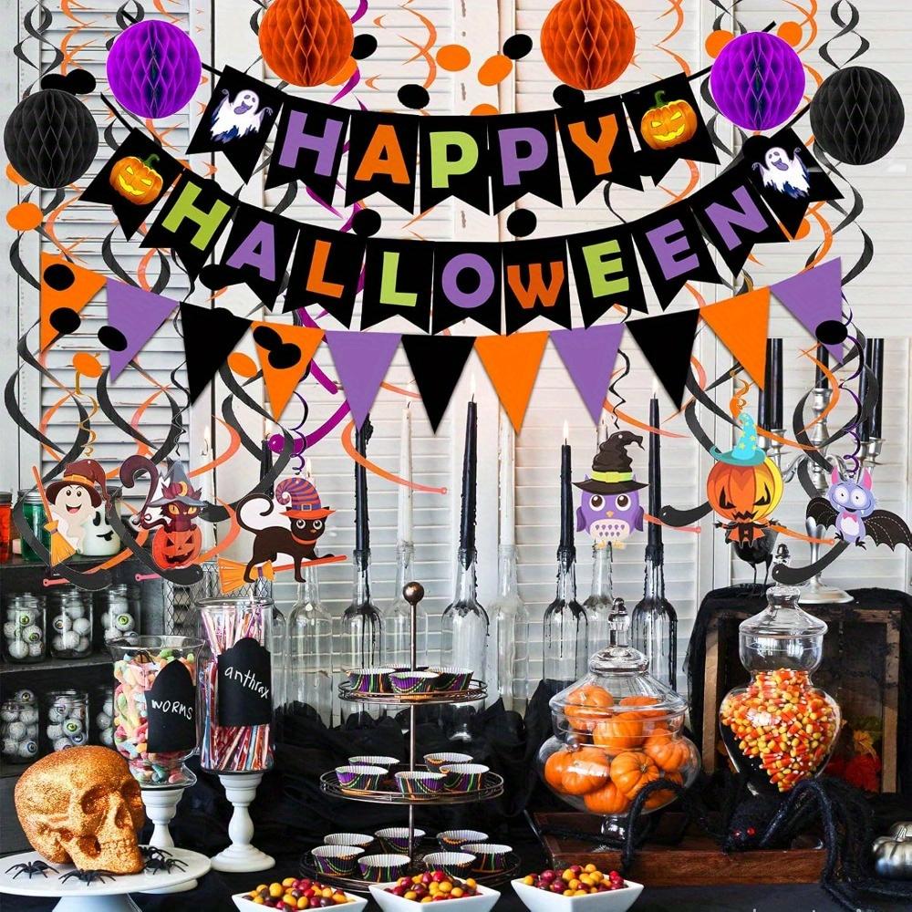 2sets Happy Halloween Banner Paper Triangle Flag Bunting Circle Confetti Hanging Garland Honeycomb Ball Swirl Streamers Halloween Party Decorations