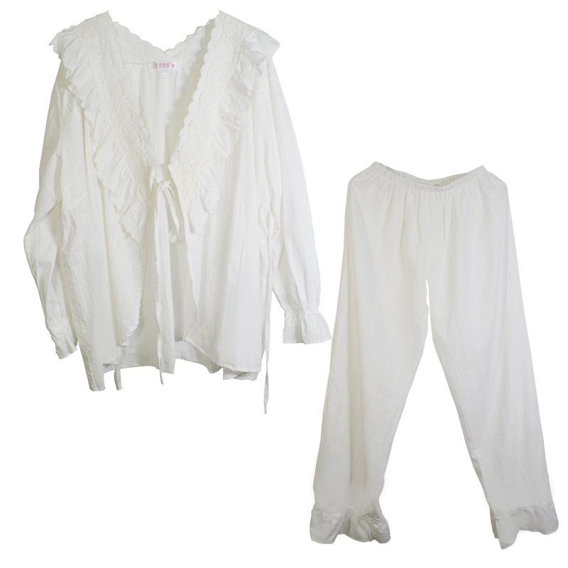 Cotton Princess Lace V-Neck Plus Size Pajama Set with Long Sleeves
