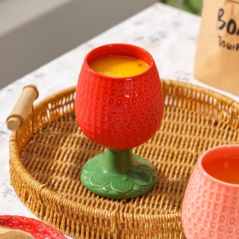 Ceramic Strawberry Embossed Wine Glass Set, Large European Style Stemware for Dining and Milk, Reusable, Insulated , Machine Washable