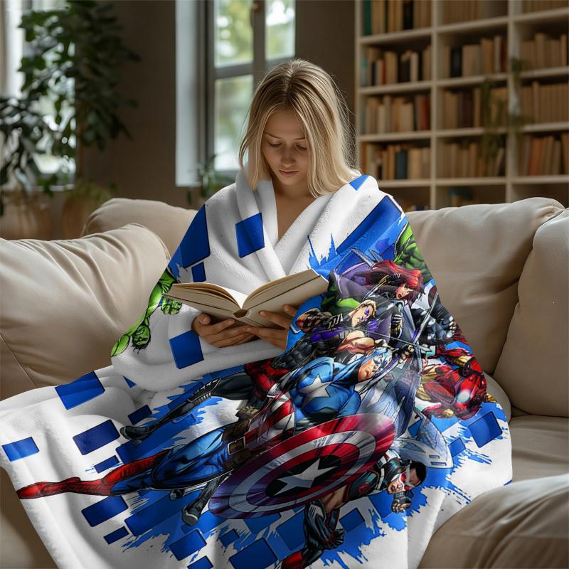 Styl Tech Avengers Koc Flanelowy Miękki Ciepły Puszysty Kocyk Pokrowiec na Sofę Kanapę Łóżko Niebieski Piksel & Nadruk Bohaterów Lekki Kocyk na Drzemkę