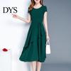 Prom Dress Lady Summer A-line Patchwork Midi O Neck Short Sleeves Dating Lace-up Waist Solid Color for Parties Commuting Slim Look