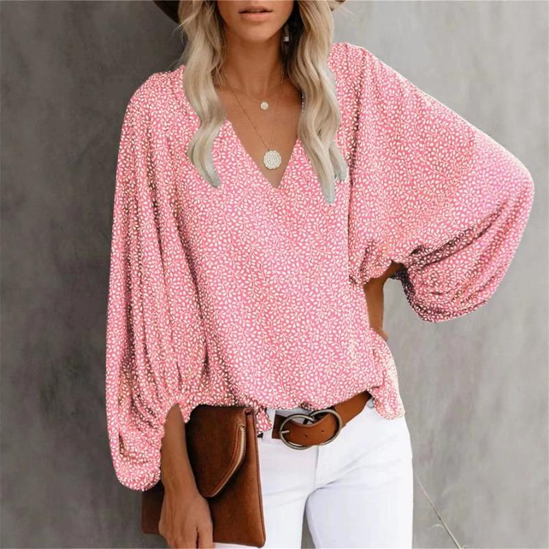 Summer V Neck Printed Lantern Sleeve Loose Fit Shirt
