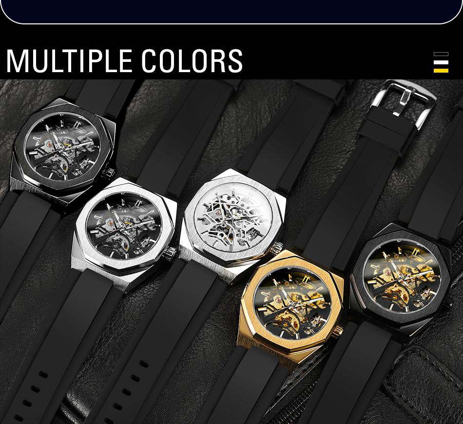Luxury Brand Forsining Brand Octagon Stainless Steel Skeleton Mechanical Man Watch Automatic Movement Clockwork Silicone Strap
