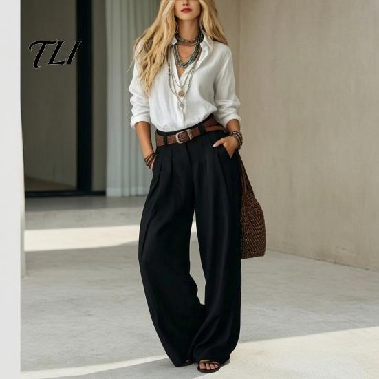 Casual Matching Sets Women Two Piece Set for Fall, V Neck Collared Shirt & Wide Leg Pants, Loose Fit Trousers Autumn Outfits Suit