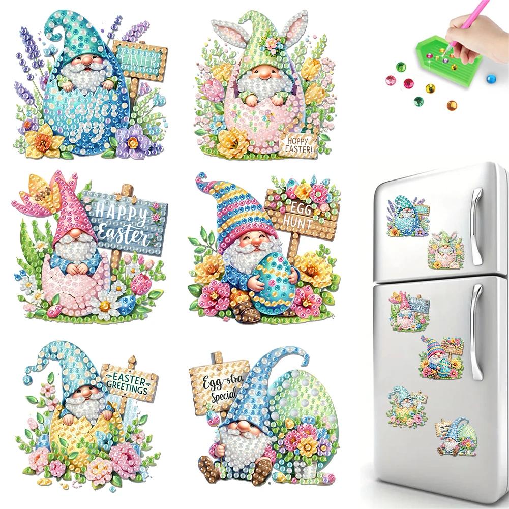 6Pcs Easter Gnome Diamond Painting Refrigerator Magnet Diamond Painting Fridge Magnet DIY Fridge Stickers for Adults Beginners