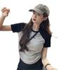 American Sweet Spice Girl Contrast Color Crew Neck Front Shoulder Short Sleeve T-Shirt Women's Spring Summer Skinny Irregular Drawstring Top