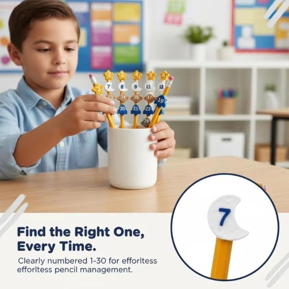 6/30PCS Space-Themed Numbered Pencil Toppers Reusable Pencil Labels Classroom Organization
