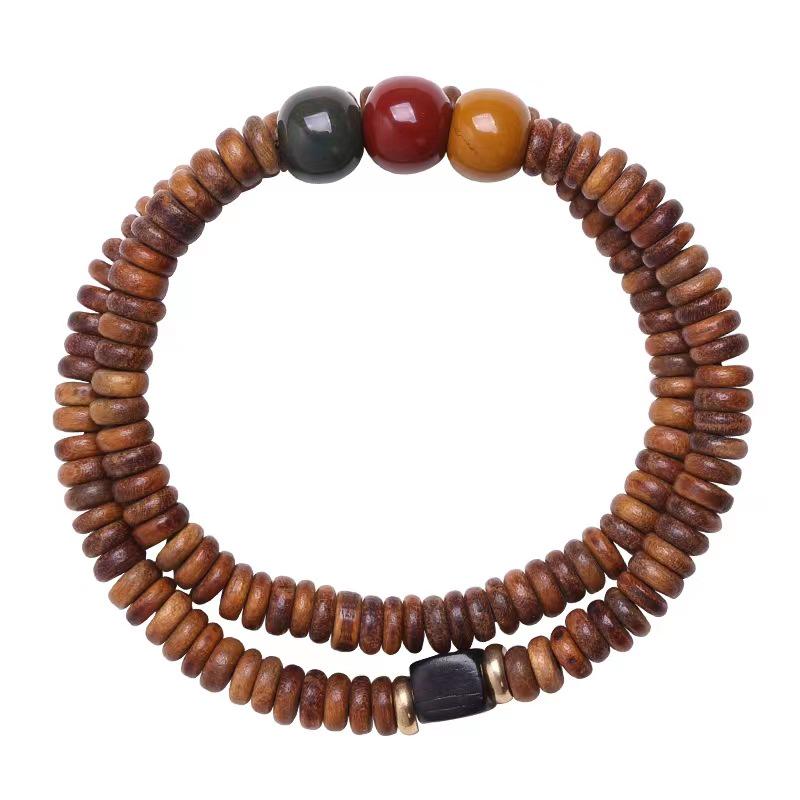 Vintage Green Sandalwood & Alashan Agate Multi-Circle Unisex Bracelet