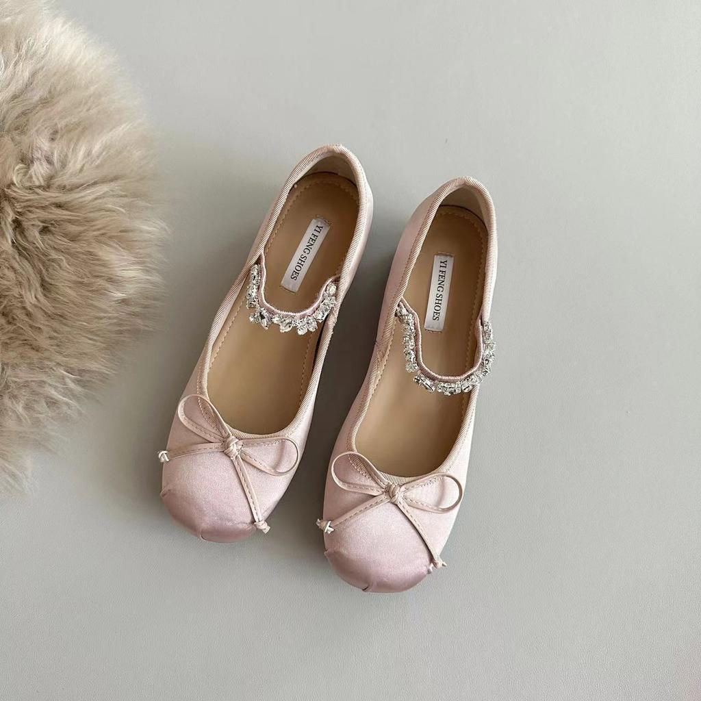Sheepskin version~ Small inner height increase French rhinestone ballet shoes women's shallow mouth single shoes bow Mary Jane shoes
