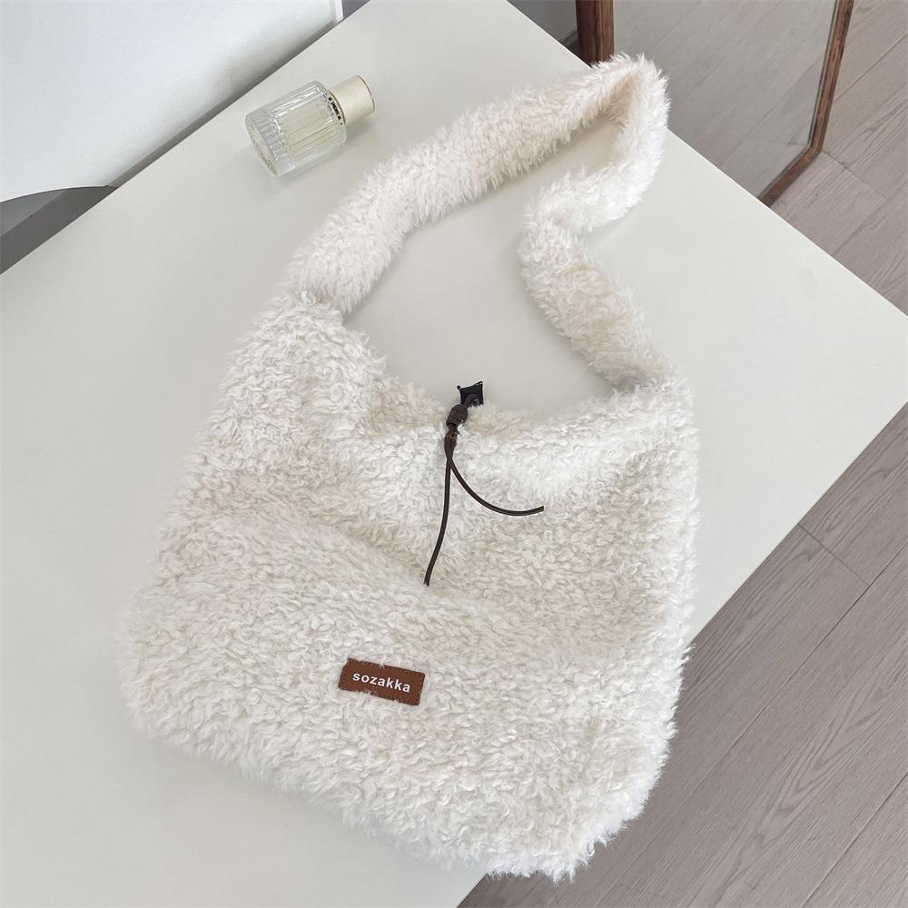 Vintage Lamb Wool Shoulder Bag Harajuku Plush Underarm Bag Vintage Fluffy Tote Bag  Women