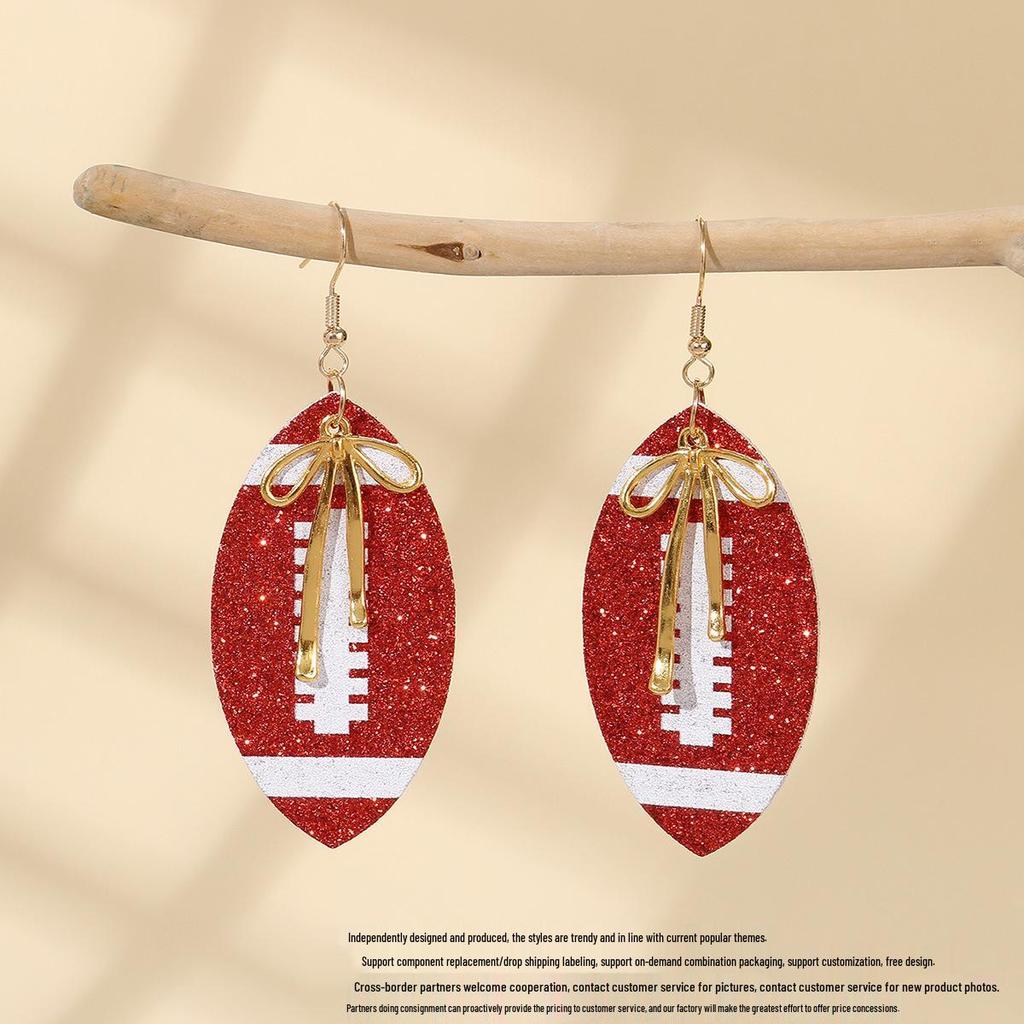 European-American Super Bowl Sporty PU Leather Football Earrings with Alloy Bowknot