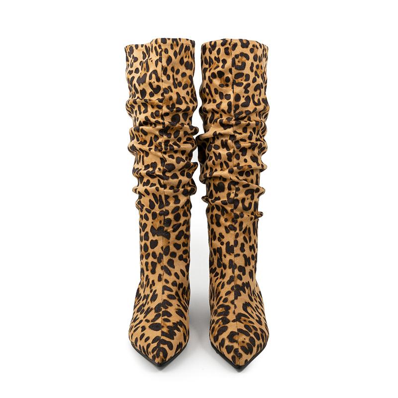 Fashion 2024 Autumn/winter Women Boots Pointed Toe Flat Heels Boots for Women Pleated Leopard Print Pattern Boots Mid-calf Women Shoes