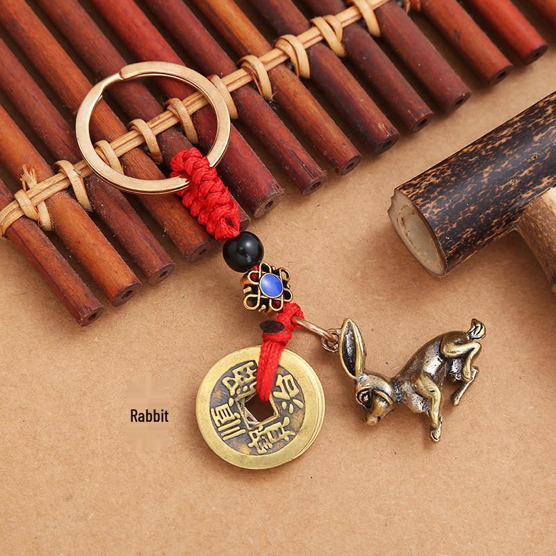 Five Emperors Zodiac Copper Keychain with Red String Guardian God Pendant