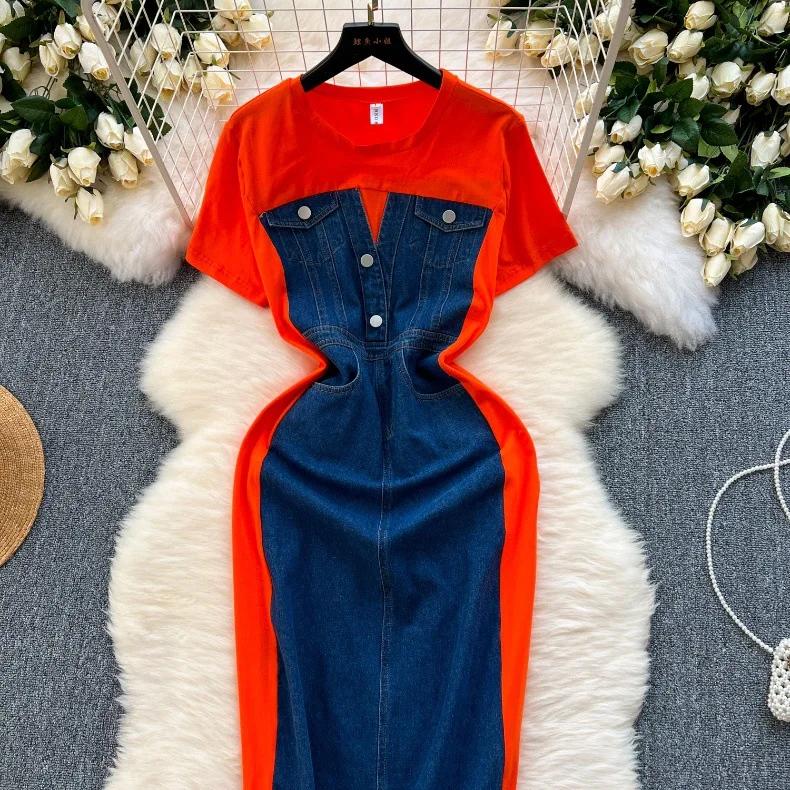 New Trendy Casual Dress Women's Contrast Vintage Denim Panel Short Sleeve Slim Fit Pencil Dress