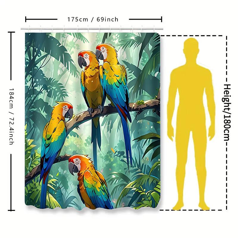 Tropical Rainforest Style Macaw Pattern Shower Curtain Waterproof and Anti-mildew Bathroom Hanging Curtain Complimentary hook