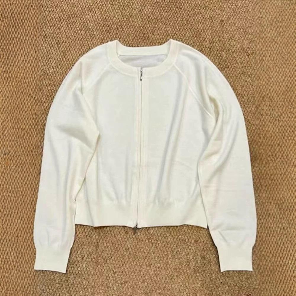 

Новинка начала осени, однотонный повседневный универсальный кардиган на молнии, женский свободный и тонкий трикотажный жакет-свитер с круглым вырезом и длинными рукавами one size fits all белый