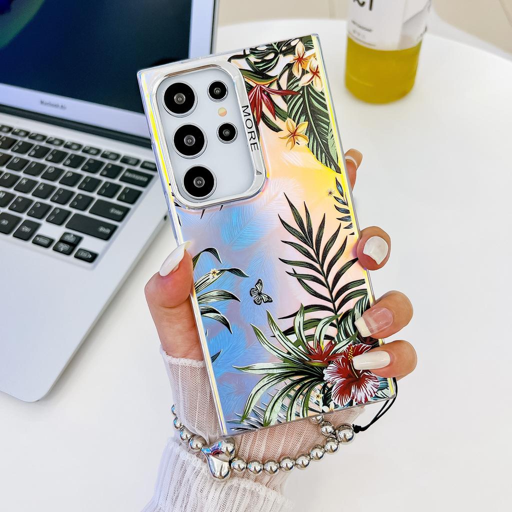 Flowers Suitable for Samsung S25ultra Mobile Phone Case S24Plus Electroplated Laser A56 with Pearl Bracelet Protective Cover