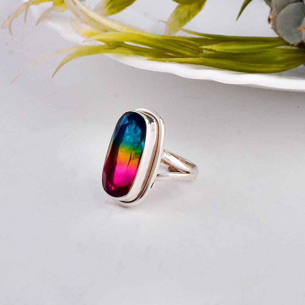 Blue Pink Watermelon Tourmaline 925 Sterling Silver Ring Jewelry, Handmade Artisan Tourmaline Ring Jewelry