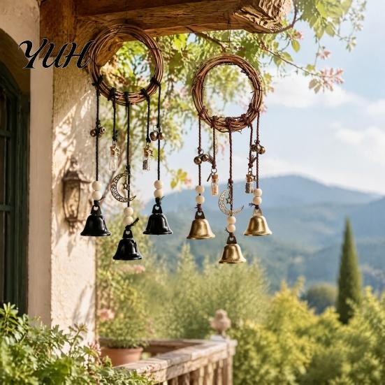 Whimsical Hanging Decor for Balcony 2PCS Witch Bells Door Knob, Bell Wind Chime with Moon Artistic Gift Birthday Star Charms, Handmade Rattan