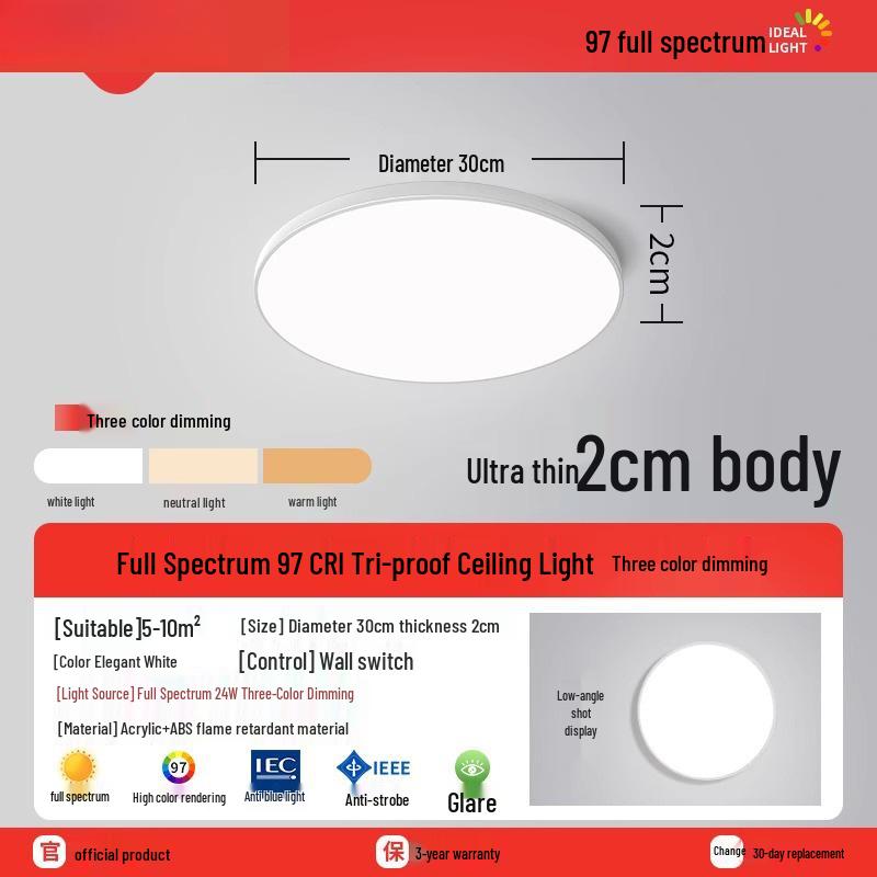 Ultra-Thin Round LED Ceiling Light for Bedroom, Bathroom & Balcony - Modern Minimalist Design with Eye Protection