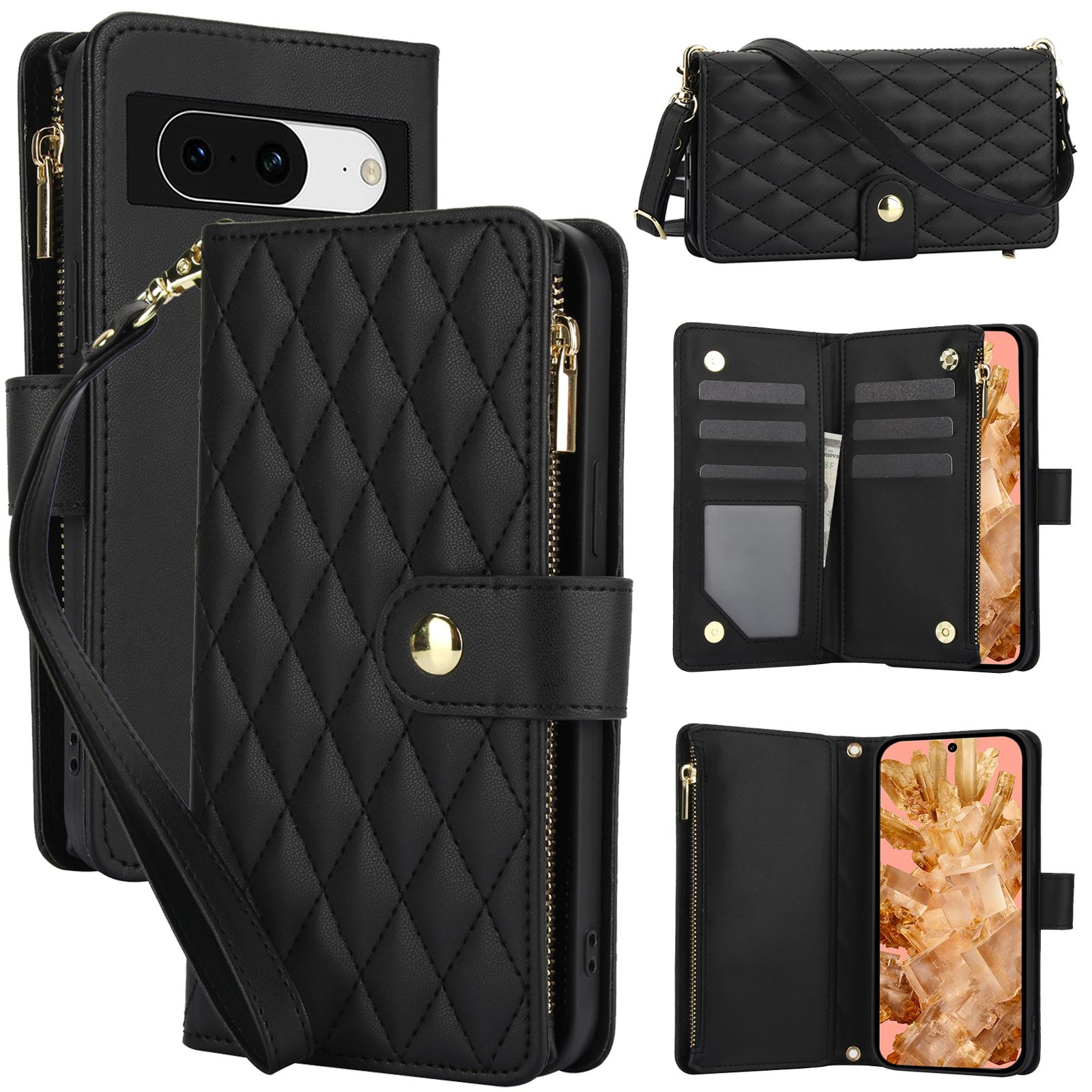 

For Google Pixel 8 Case Chic Rhombus PU Leather Phone Cover with Shoulder Lanyard Black