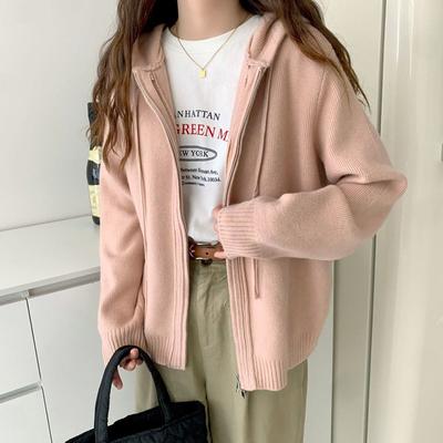 Hooded Sweater Jacket Female Autumn and Winter Warm and Comfortable Elastic Loose Zipper Cardigan Jacket Solid Color Sweater Knit Sweater Sweater