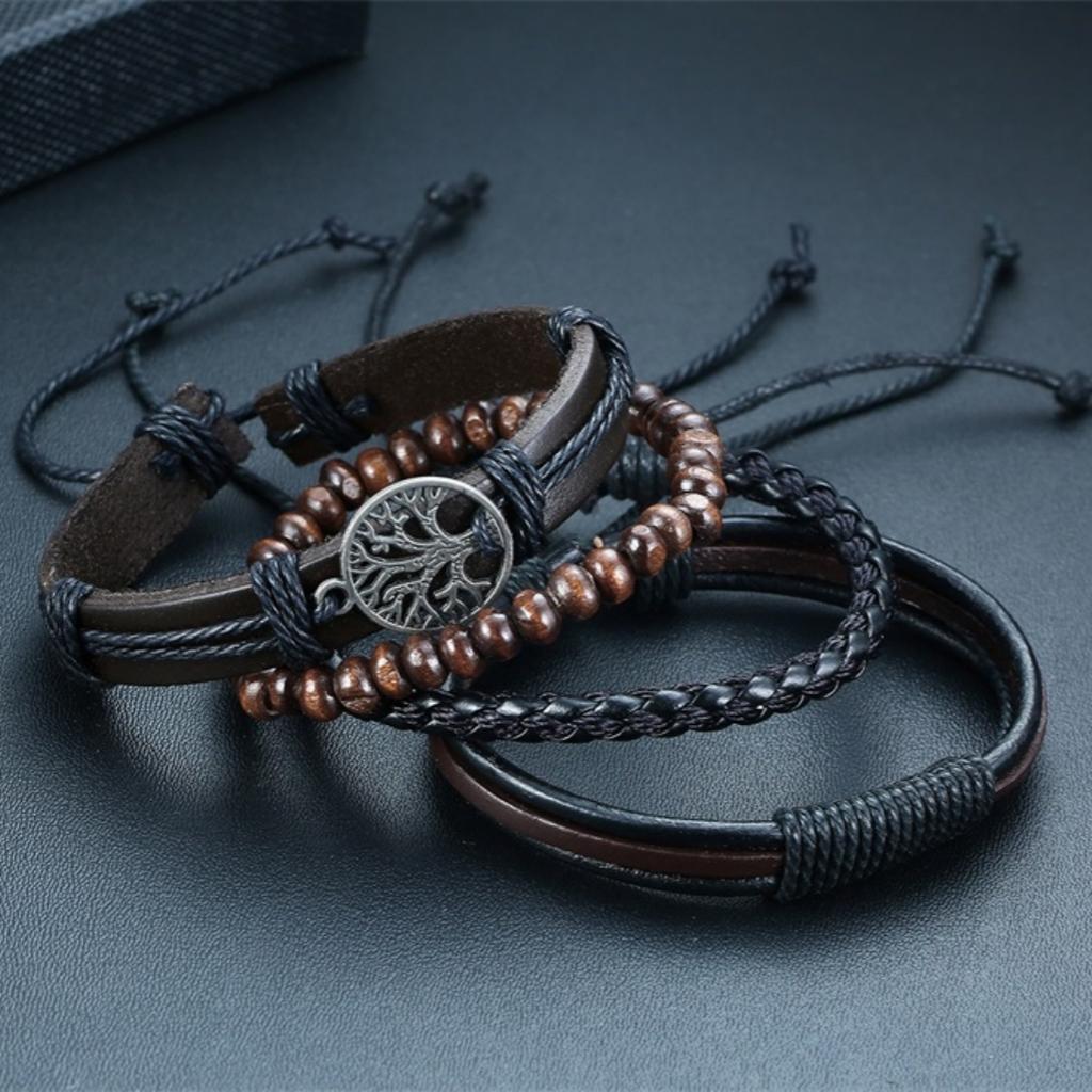 4pcs Braided Leather Bracelets For Men Vintage Life Tree Charm Wood Beads Ethnic Wristband Gift For Dad Boyfriend