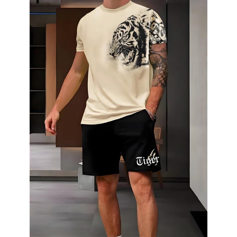 Modisches Löwen Tiger Tier Grafik T-Shirt Shorts Set Sommer Kurzarm Oberteil Kordelzug Shorts 2-teiliges Set Herren Sportbekleidung Anzug