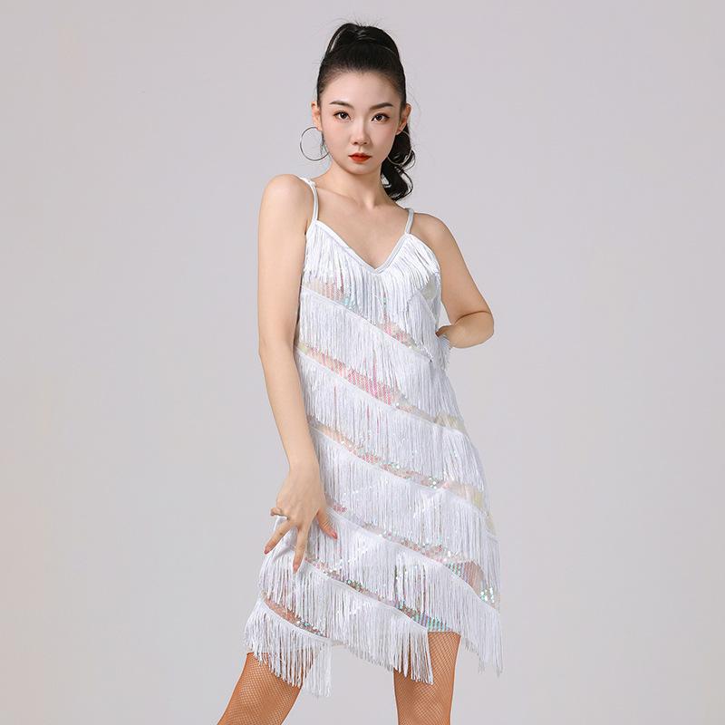 

Платье с пайетками и бахромой на бретельках, платье с V-образным вырезом, юбка для латинских танцев, костюм для танцевального выступления, костюм для сценического выступления и конкурса One size белый