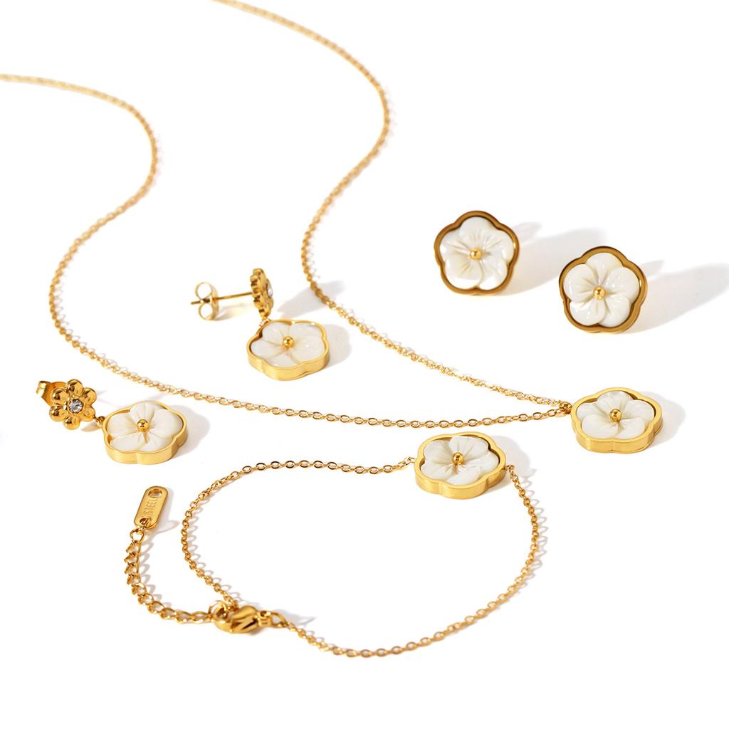Light Luxury High-end Zircon Flower Earrings with Mother-of-Pearl Petal Pendant, Women's Necklace and Bracelet Set