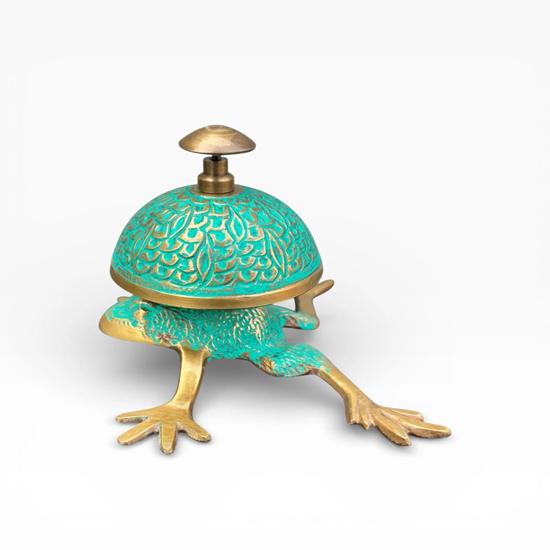 Messing Frosch Schreibtischklingel mit Grünspan Patina Gegensprechklingel Rezeption Klingel Tischplatte Büro Klingel Geburtstags Jubiläums Weihnachtsgeschenk