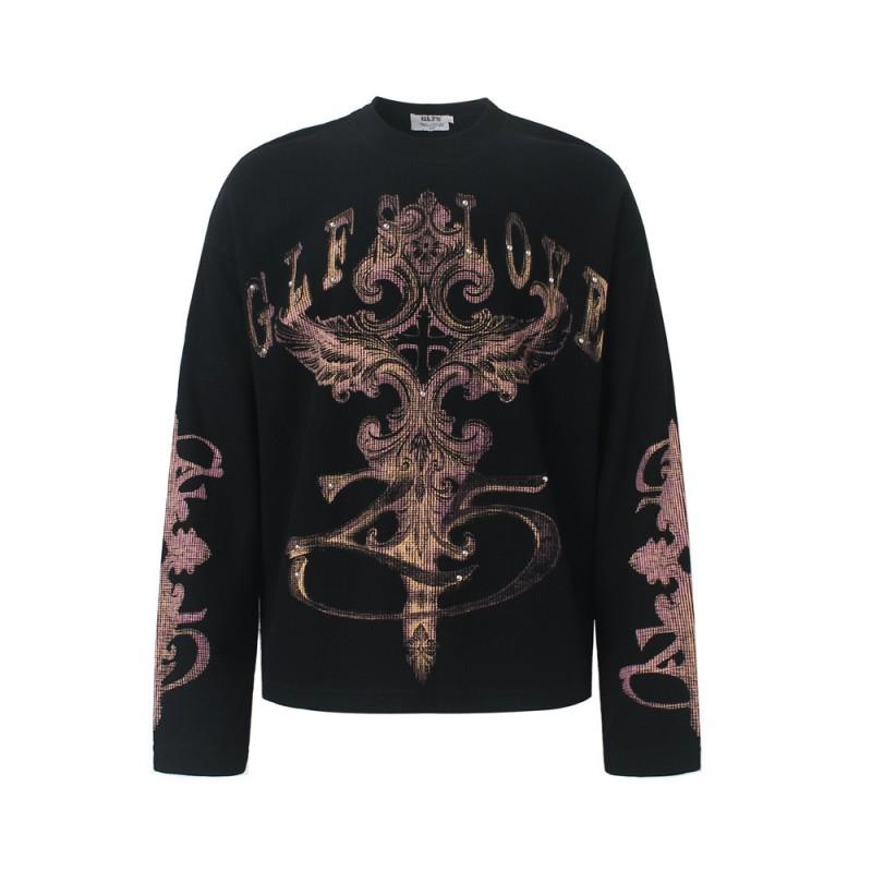 Mens Long Sleeve T-Shirt Cross Print Streetwear Loose Fit Dark Aesthetic Casual Top