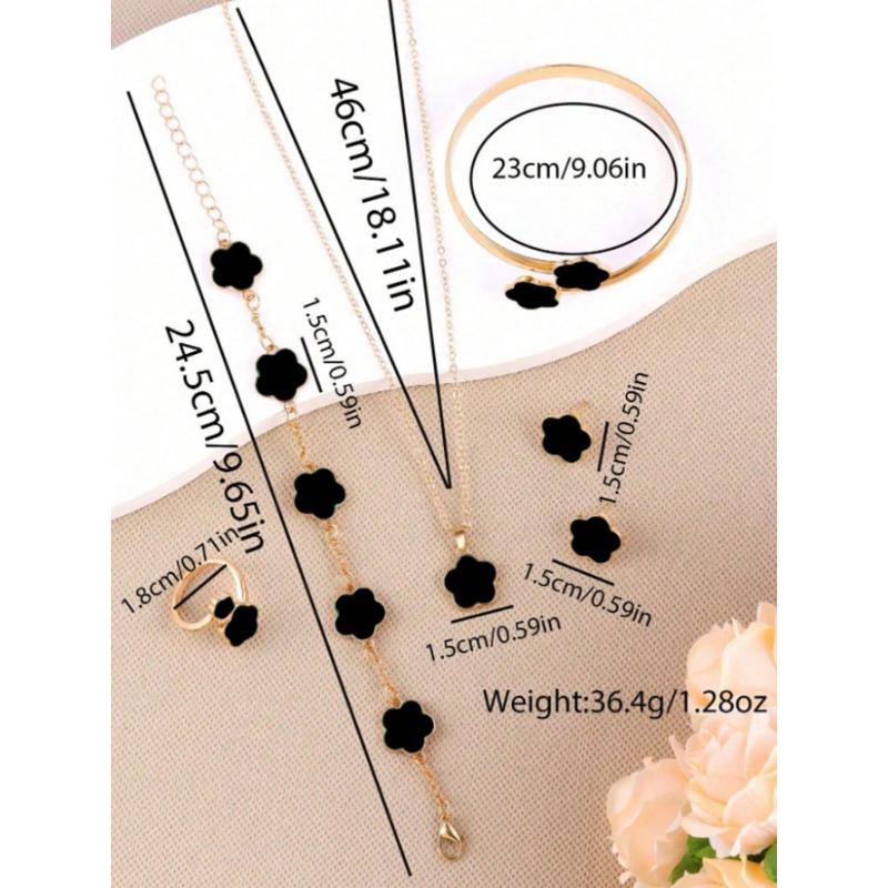 6pcs/Set Women's Same Color Lucky Flower Decoration Accessory Combination 1 Pair Of Earrings 1 Necklace 1 Bracelet 1 Bracelet 1 Ring Set Suitable