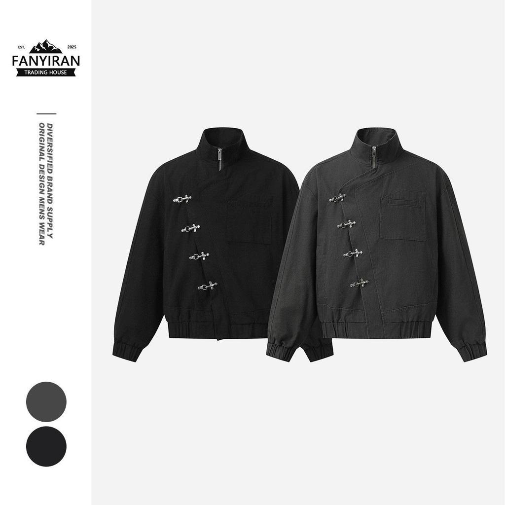 CTOSRCZ Guochao Herren Arbeitsjacke mit Stehkragen - Trendy, Lockerer Schnitt für Frühling und Herbst CJ07