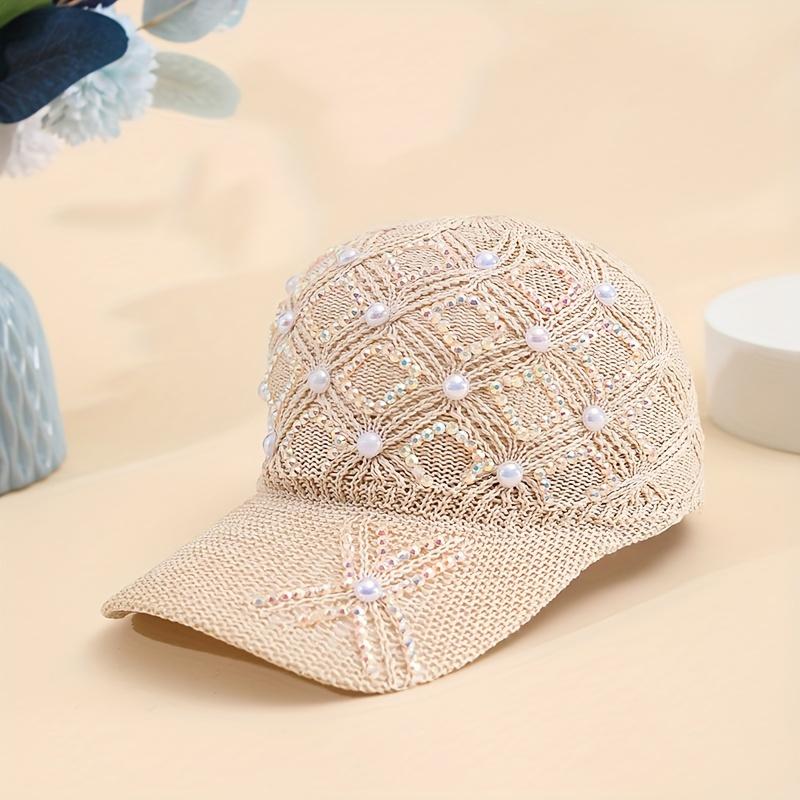 

1pc of Four-Leaf Flower Pearl Hat for Women, Stylish And Versatile with Pearl And Rhinestone Mesh, Adjustable Summer Baseball Cap бежевий
