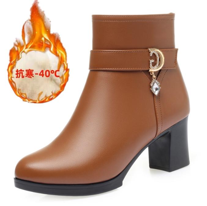 Mode Elegante Frau Block Hohe Absätze Schuhe Weiblicher Trend Winter Wolle Kurze Stiefel Weiches Leder Warme Fell Stiefeletten für Büro Mama