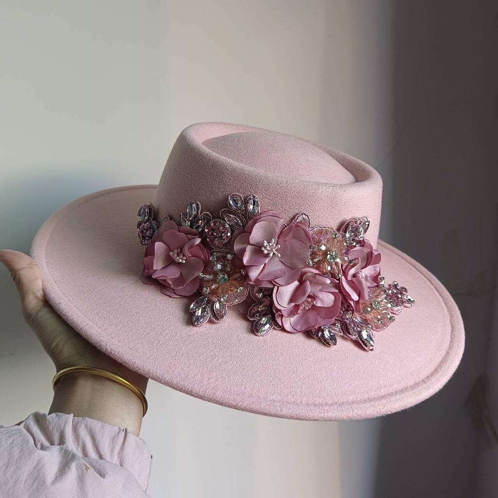 Dark Brown Faux Floral Felt Hat Wedding Hat Women'S Jazz Hat Panama French Elegant Felt Hat Somprero Mujer Chapeau Femme Luxe