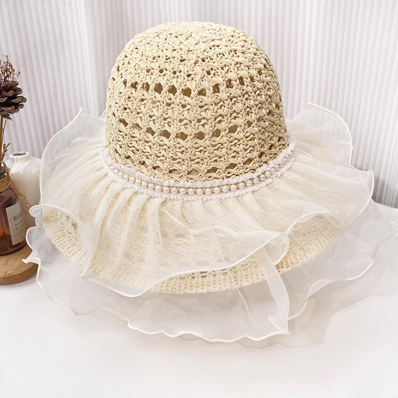Sun hat children summer straw big brim breathable pearl straw hat beach vacation sunshade sunscreen hat tide