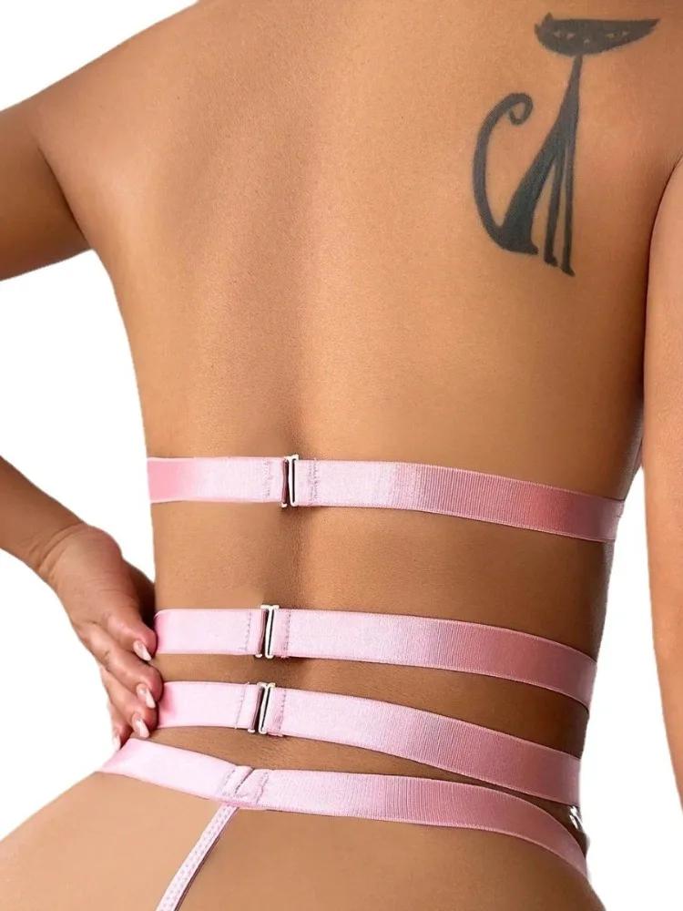 Women Lingerie Set 2In1 Bowknot Transparent Mesh Lace Steel Chain Bra Thongs Underwire Lingerie Underwear Erotic Sexy Bras