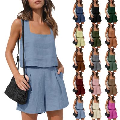 Conjuntos de roupas femininas de verão de cor sólida, 2 peças, shorts, regata sem mangas e shorts de cintura alta