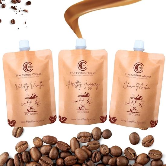 The Coffee Clique | Healthy Jaggery + Choco Mocha + Velvety Vanilla | Beaten Coffee Paste   | Pack of 3 | 320 GMs