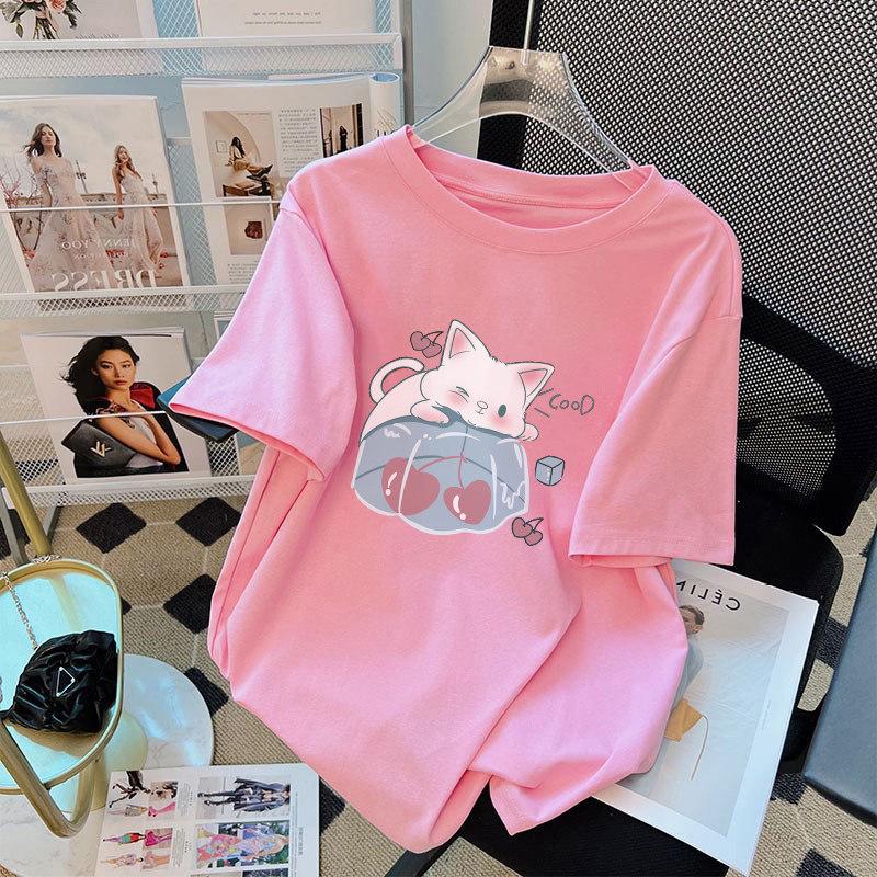 Women's Crew Neck Short Sleeve Graphic Tee Loose Fit Japanese Casual Cartoon Print T-Shirt