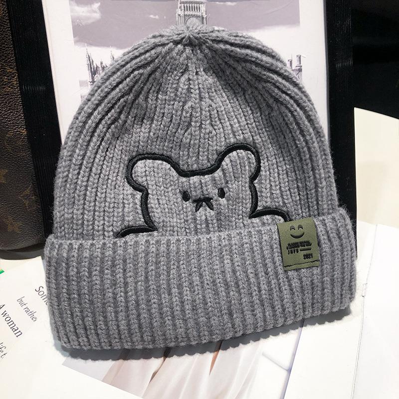 Hat Female Winter Bear Embroidered Wool Hat Cute Thermal Hat Ear Protector Cold Hat Deer Fleece Standard Knitted Hat
