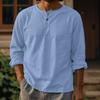 Pánská přeshraniční nová bavlněná a lněná jednobarevná košile s dlouhým rukávem tričko kulatý výstřih cross-clothing knoflíky dva knoflíky len